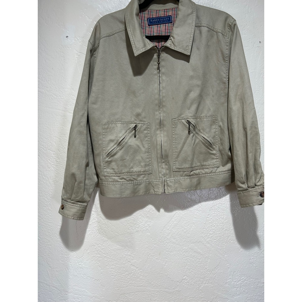 Karen Scott Womens Khaki Cotton Twill Plaid Lined Zip Up Harrington Jacket Large